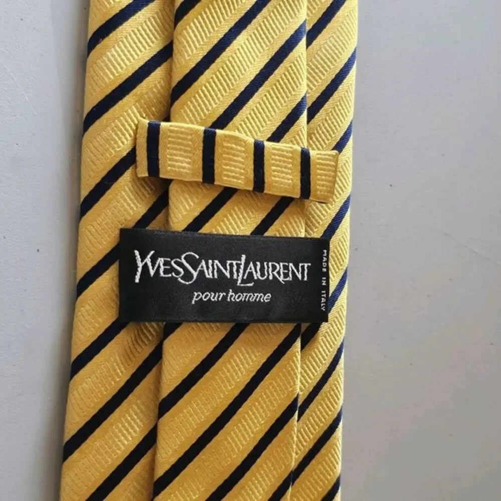 YVES SAINT LAURENT Gold Blue STRIPED 100% SILK Neck Tie‎ Professional Casual